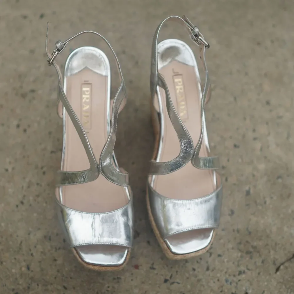 Prada Metallic Silver Leather Strappy Platform Wedge Sandals 40.5 US 10.5 Stripe